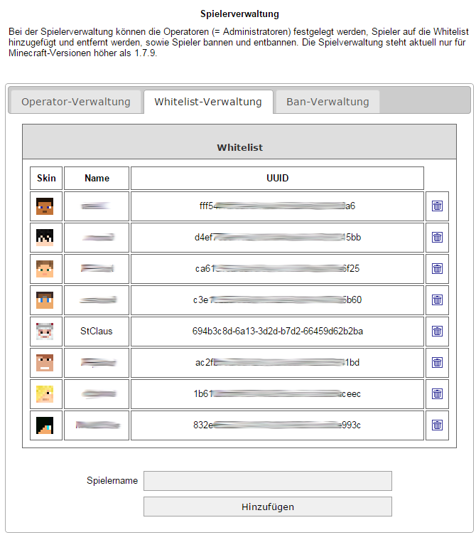 Spielerverwaltung für Minecraft Gameserver verfügbar 
